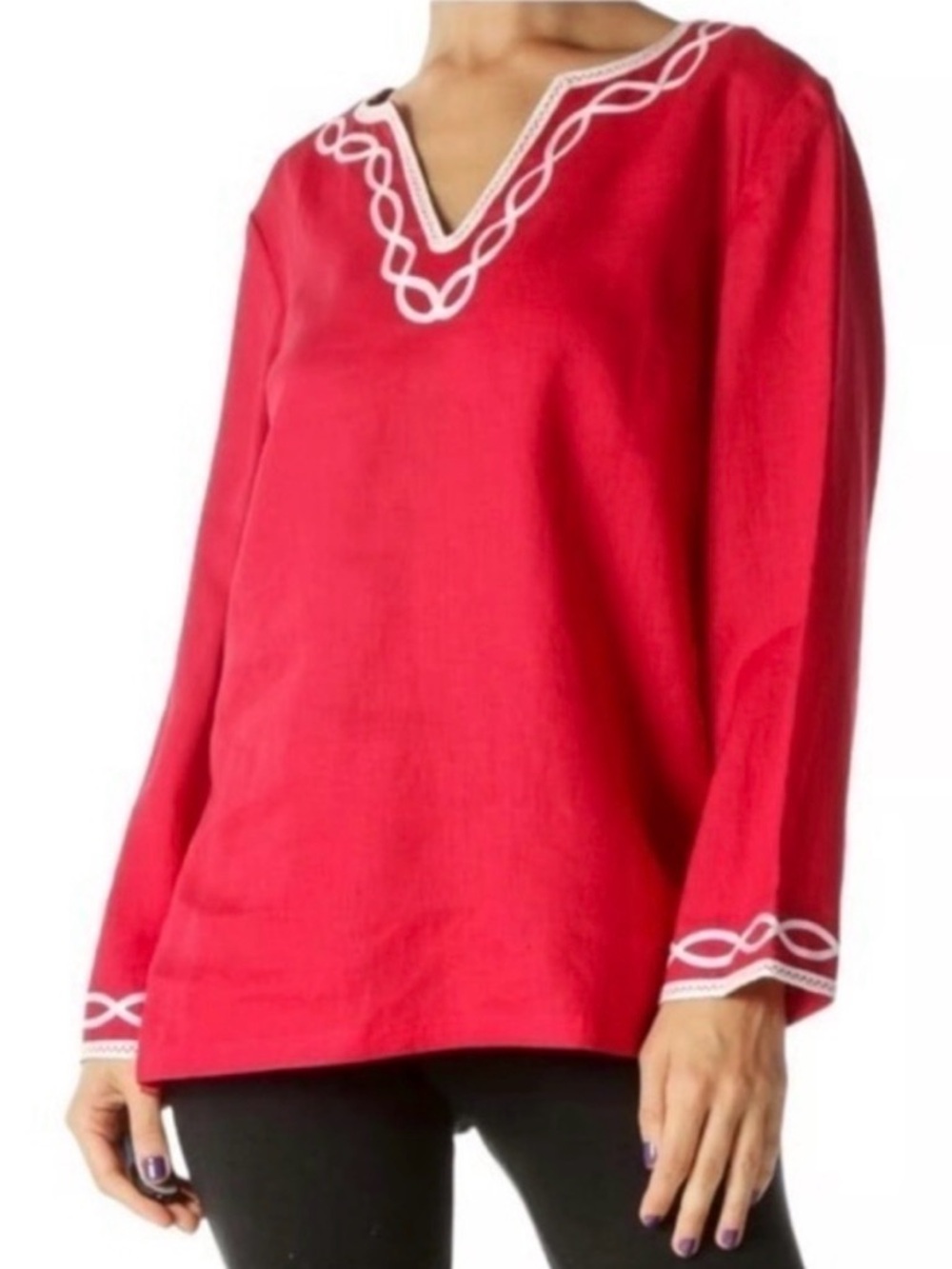 Talbots Red V-Neck LinenTunic with White Trim Small